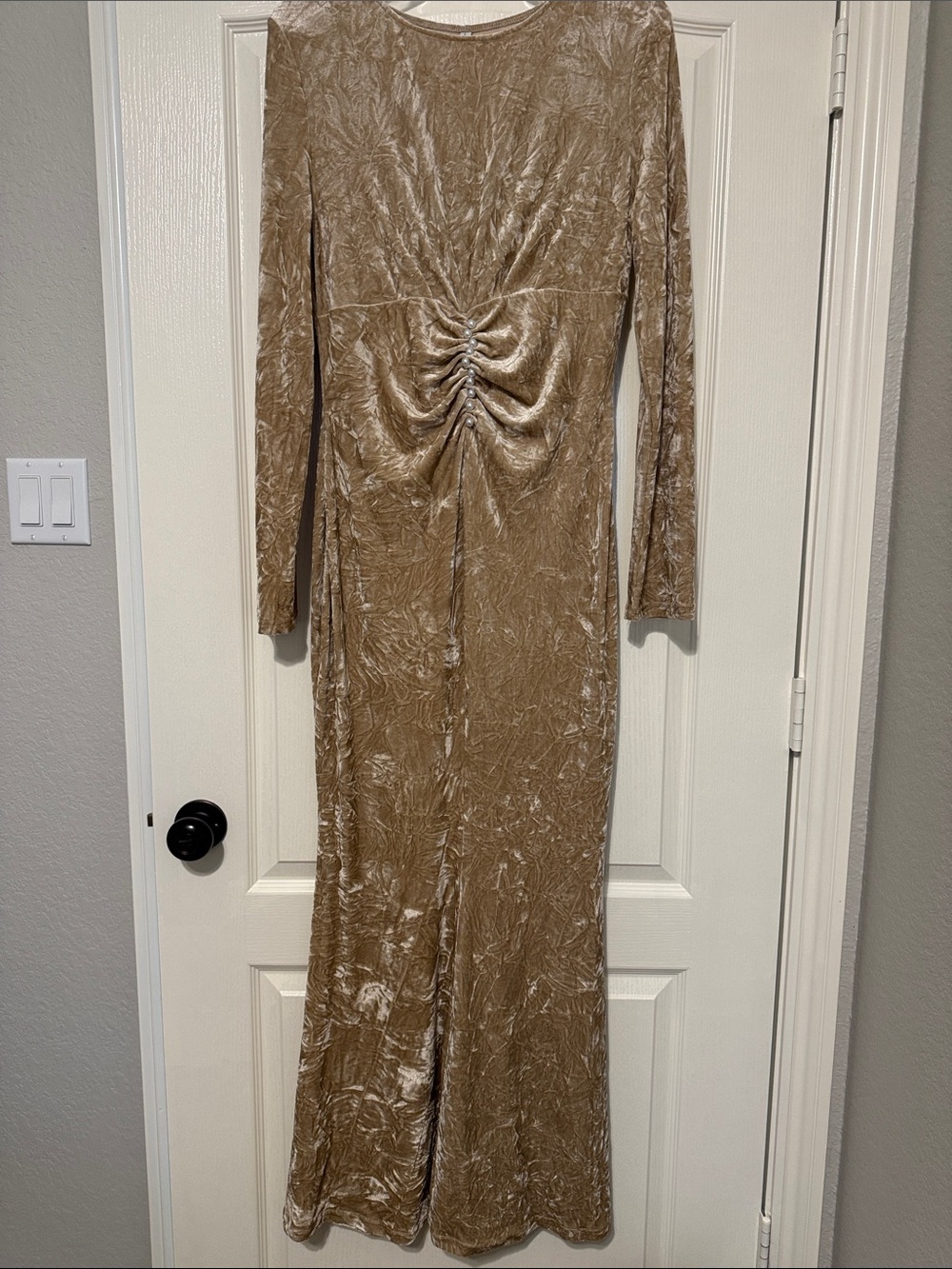 Velvet Pearl Ruched Long Sleeve Maxi Dress - Taupe 0084